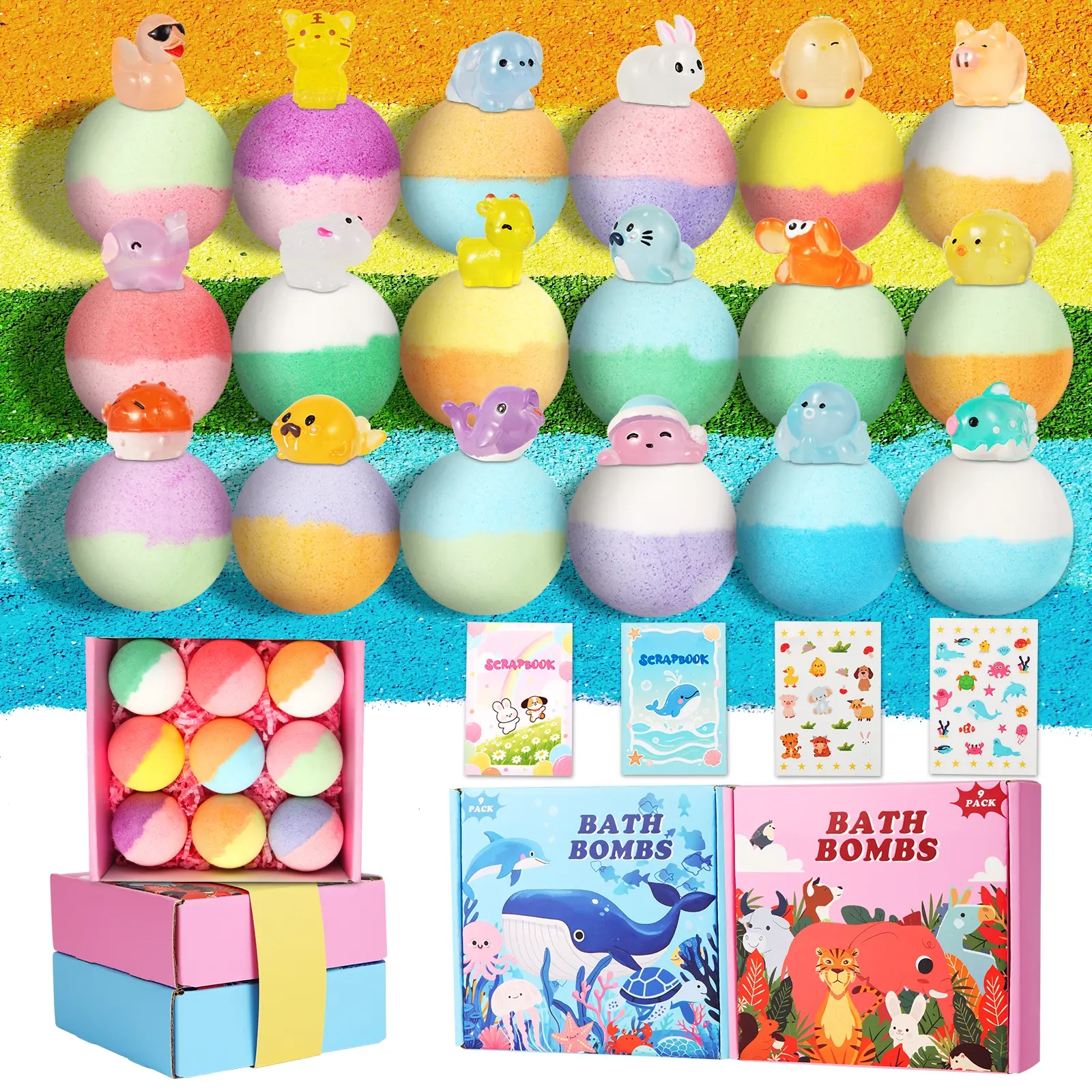 18 Surprise Animal Bath Bombs for Kids - Discover Ocean & Land Creature Toys Inside, Cards & Stickers for Extended Play, Fun Fizzy Bath Gift Set