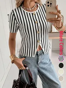 Women's Knitted Short Top, Button Detail, Slim Fit, Highlights Waist, Perfect for Dates, Dinners, Weekend Outings, Womenswear