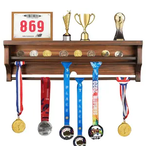 Sports Medal Display Wall Rack: Solid Wood Organizer to Showcase Race Winner Awards, Marathon, Soccer, Football Trophies - Walnut