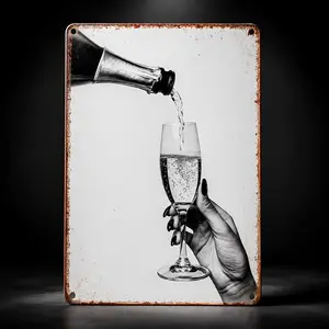 Distressed Champagne Pour Aluminium Metal Wall Sign Photo, 8x12 in Retro Home Decor Plaque, Ideal for Bars & Vintage Themed Spaces