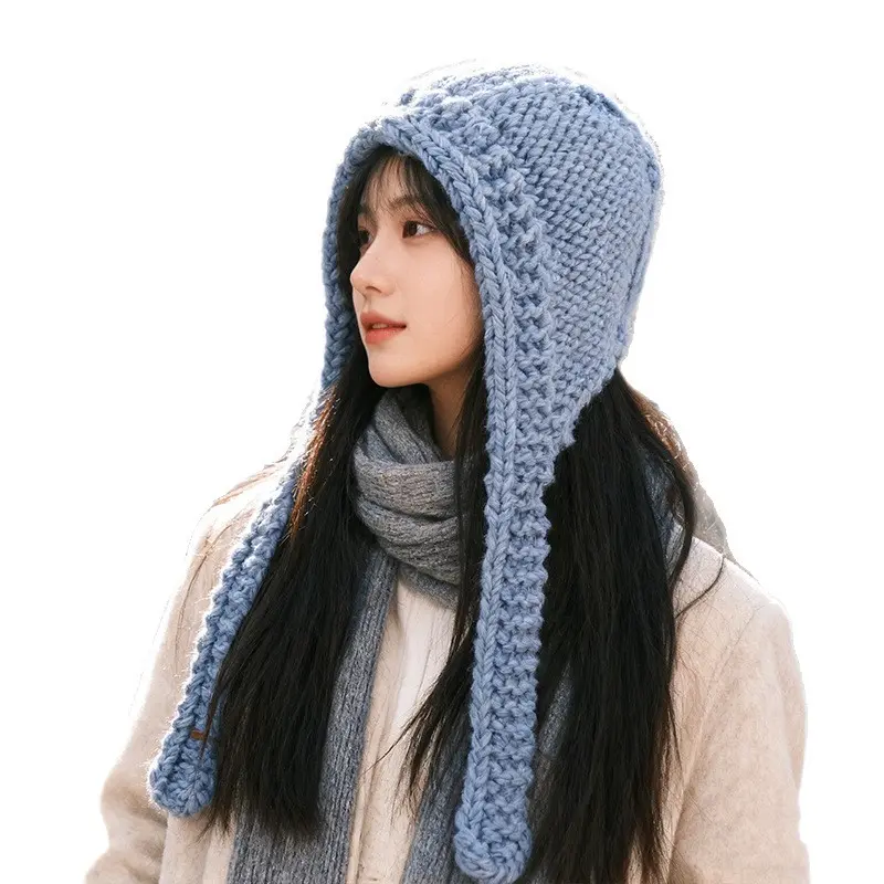 Women's Knitting Balaclava - Autumn Winter New Blue Rib Stitch Hat, Unisex Size, Relaxed Slouch Fit, Warm Pullover, Outdoor Windproof Cold-Proof Fashion Accessory