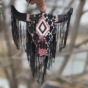 Longhorn Bull Skull with Black and Pink Design, Black Feathers, and Decorative Elements - Snack