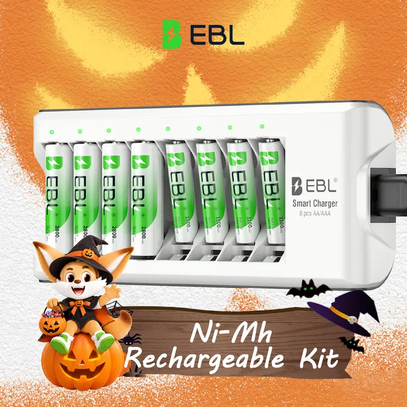 EBL Nickel Metal Hydride (Ni-Mh) AA/AAA Rechargeable Batteries Kit - 8 x AA (2800mAh) 1.2V Cells + Upgraded 808 8-Bay Slot Charger, NiMh/NiCd Compatibility, Trickle Mode, DC 1.2V Out, Fireproof Shell, Integrated Storage, Overheat Protect, Smart LED Light