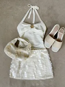 Fashion Women's Halter Top + Sequin Skirt Set, Embroidered Fabric Halter Metal Button Top + Sequin Skirt, Perfect for Office and Dates