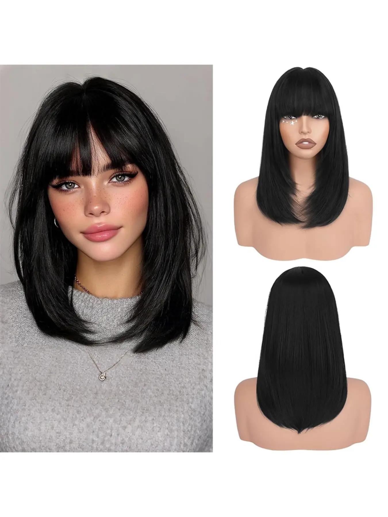 Black Bob Wigs with Bangs Shoulder Length Straight Natural 