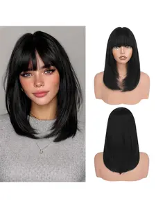Black Bob Wigs with Bangs Shoulder Length Straight Natural Looking Synthetic Heat Resistant Medium Hair Wigs for Women Daily Party, 22 Inch Use