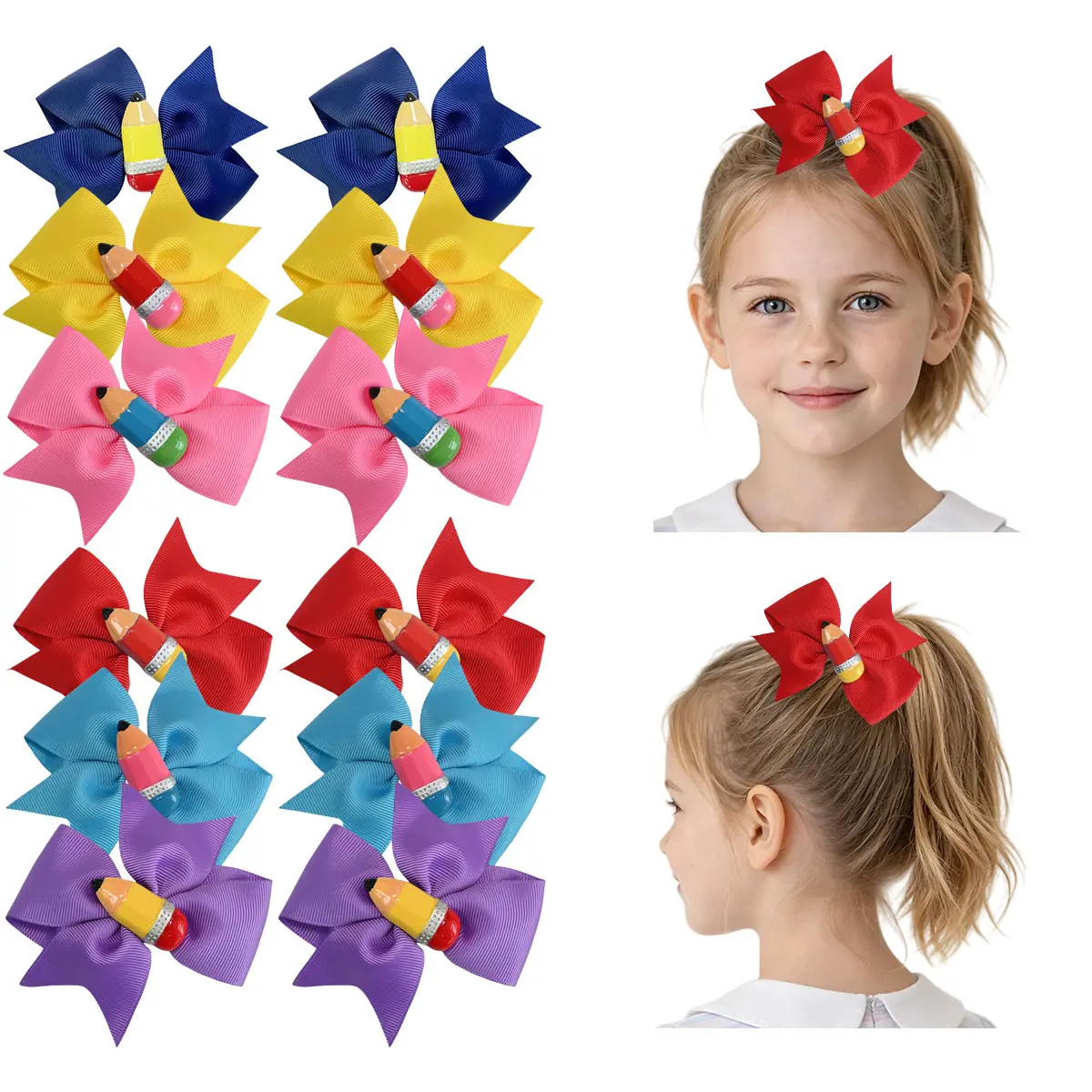 JoyBowie 12pcs Pencil Bow Hair Clips for Girls, Back to School Hair Accessories, 3D Pencil Charm Grosgrain Ribbon Bows, Handmade Alligator Barrettes for Toddler Kids, Cute School Hair Clips Bulk Pack