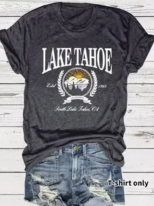 Women's Lake Tahoe Graphic Round Neck Fitted Tee, Fashion Casual Chic Minimalist Streetwear Short Sleeve T-shirt for Daily Wear, Ladies Summer Clothes, Top