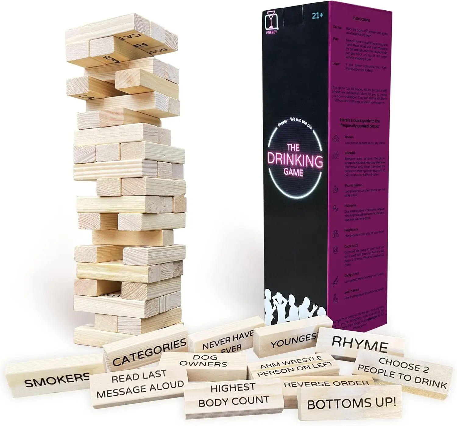 Adult Party Stacking Game Building Block Set - Pregame Drink Stacker with 54 Blocks, Dares, Storage Box, Ideal for Party Nights (Toys & Hobbies Board Game)