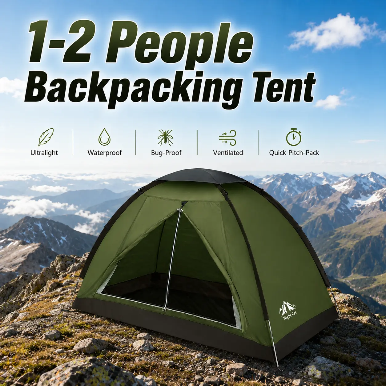 Night Cat Modified Dome Tent - 1-2 Person, 2.2x1.2m, Compact, 2kg Ultra-Light, Safe Pole Design, PU3000mm Waterproof Outdoor Equipment, Tent Canopy for Camping, Hiking summervibes, Lightweight Portable Tent,