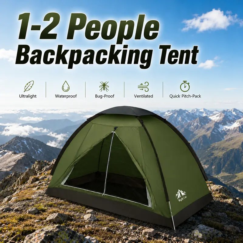 Night Cat Modified Dome Tent - 1-2 Person, 2.2x1.2m Polyester, 2kg Lightweight Portable, Bug-Safe Mesh, Hand-Safe Setup, Storm-Ready PU3000mm Waterproof, Stable Pole Design, Weather Resistant, Tent Canopy, Camping Gear, Portable Outdoor Equipment