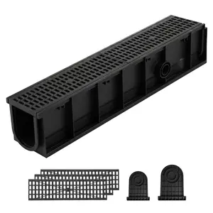 【DealsForYouDays】VEVOR Trench Drain, 40.1 x 6.1 x 8.0 in, 4 Pack Linear Drainage Channel, HDPE Channel Drain with Grates & End Caps, Premium Outdoor Drainage System for Driveway, Patio, Pool, Garden, Yard, Black
