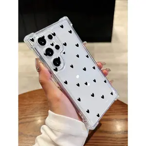 1pc Minimalist Black Heart Shaped Anti-Fall Transparent TPU Shockproof Phone Case, Cute Android Model Phone Case, Compatible With Samsung S26ULTRA/S26/S26PLUS/S25ULTRA/S24ULTRA/S23ULTRA/S21/S22/S23/S24/S25/S20/A53/A55/A54/A32/A15/A54/A53/A16/A17/A12/A14