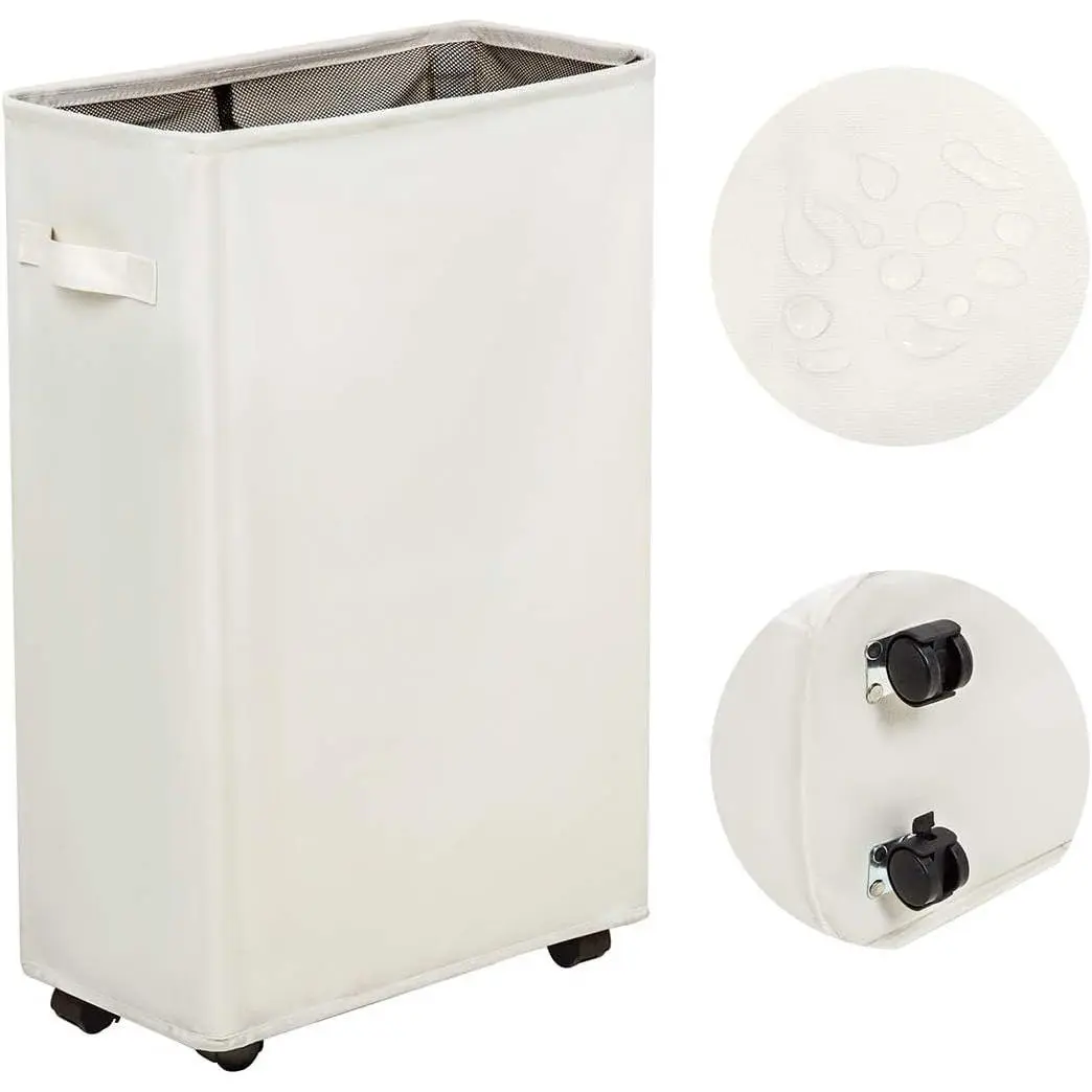 Slim Rolling Laundry Hamper - Standable Corner Design - Handy Storage Bin Laundry Basket - 52L Storage Bin - Slim Hamper with Wheels - 15x8x22" (22" Beige)