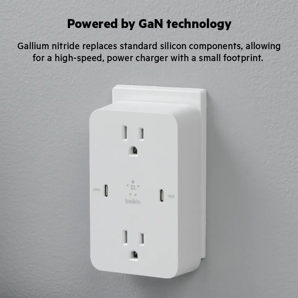 Belkin BoostCharge GaN Wall Plate Wall Plug - US Plug Socket Holder Accessory, USB Ports Socket Extender, Dual USB-C Fast Charging Ports, 71mm Width Space-Saving Single Unit for Home Users’ Mobile Phones & Electronic Devices