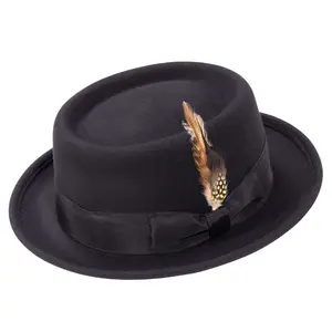 Black Pork Pie Wool Felt Hat with Feather Accent by Montique