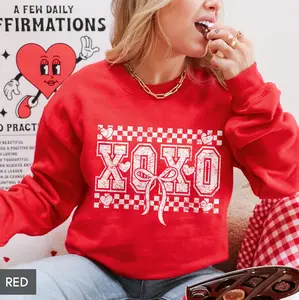 Valentine's Day XOXO Sweatshirt, Cute Distressed Coquette Bow Love