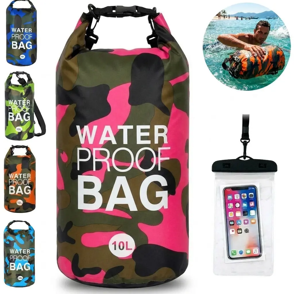 10L Camouflage Floating Waterproof Dry Bag with Roll Top & Touchscreen Phone Case, Beach Essential Fits Adults for Kayaking, Unisex Water Sports Gear