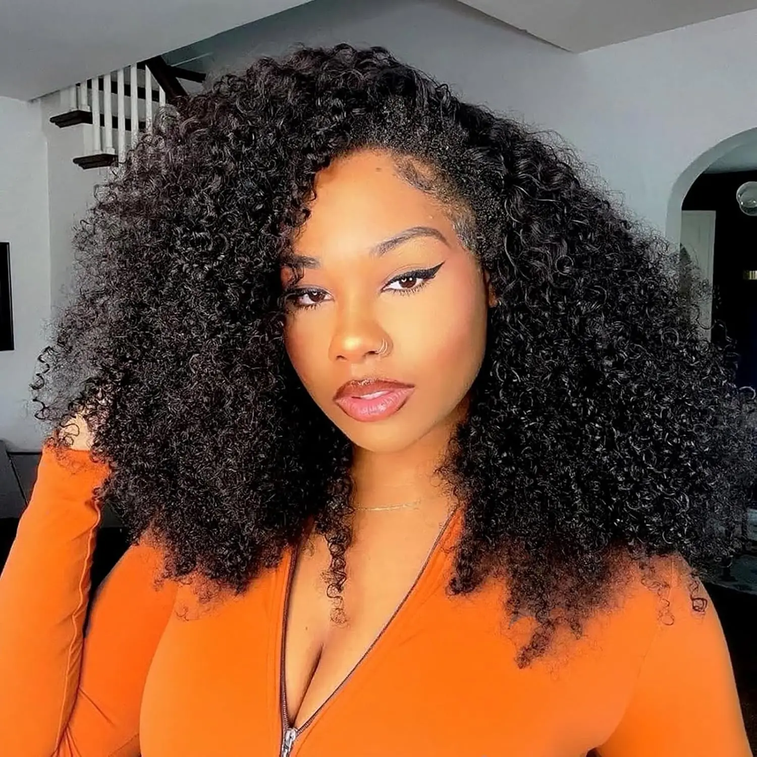 Curly Half Wig Kinky Curly Glueless Wigs 3 In 1 Seamless Short Half Wigs for Black Women Kinky Curly Half Wig Wear and Go Beginner Friendly human hair Wig 16 Inch Black Color