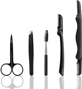 Gentle Multipurpose Eyebrow Set 5-in-1 Eyebrow Kit with Brow Razors Trimmer Brush Eyebrow Scissors & Slant Tweezers for Women Men