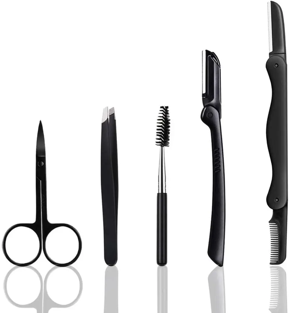 Gentle Multipurpose Eyebrow Set 5-in-1 Eyebrow Kit with Brow Razors Trimmer Brush Eyebrow Scissors & Slant Tweezers for Women Men
