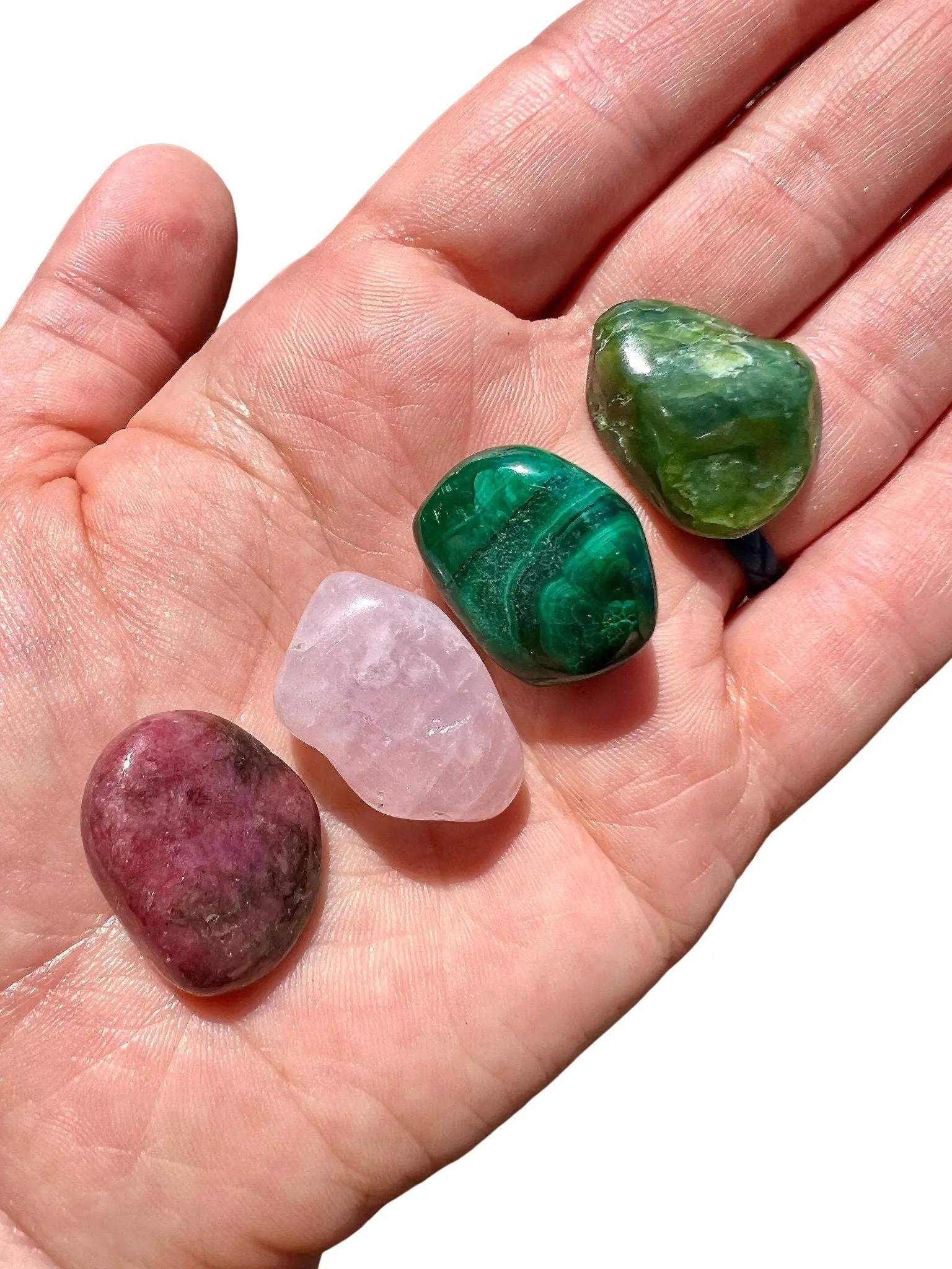 Taurus Tumbled Stone Set - Rhodonite, Nephrite Jade, Rose Quartz, Malachite Crystals