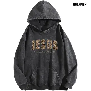 Holafish Women's Vintage Acid Wash Oversized Hoodie with Jesus Leopard Print a Heavyweight Unisex Streetwear Pullover Casual Fit