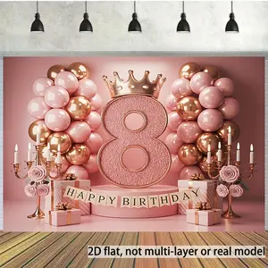 2D Flat, 1pc Pink & Golden 8th Birthday Banner - Number 8 Decoration with Balloon Lettering Suitable for Home, Party, Wall Decor - Polyester 8 Years / Celebration, 2D Flat