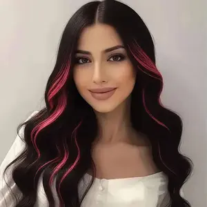 Pink Highlights Black Long Wavy Wig 13×4 Synthetic Front Lace High Temperature Fiber Pre-Plucked Hairline, Premium Heat Resistant Natural Comfort for Women's Parties and Cosplay Use,  26 Inches