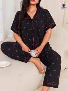 Plus Size Women's Woven Loungewear Set with Cherry Print, Pajama Pattern, Short Sleeve Open Front Top and Long Pants, Thin Casual Sleepwear for All Seasons Pajama Set