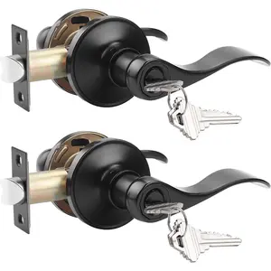 (2 Pack Keyed Alike Entry Door Lever [Lock with 3 Combo ],Locking Door Handle for Office or Front Door,Black Finish Wave Entrance Door Lock, Reversible Right & Left Side Handed