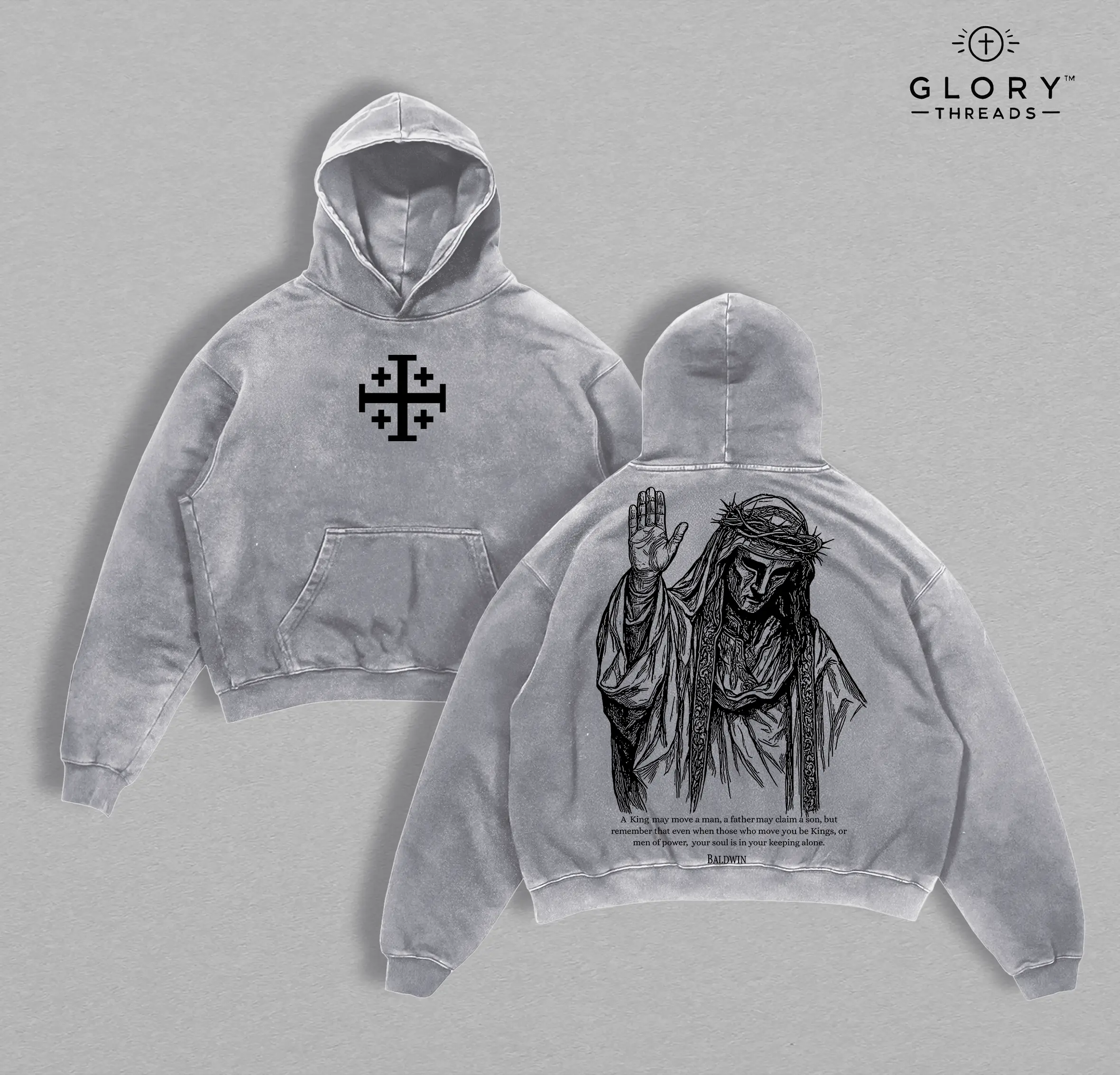 Baldwin IV The Leper King Hoodie Washed, Crusader King of Jerusalem Hoodie Tee, Jerusalem Cross Medieval Christian Shirt, Vintage Washed Gothic Faith Streetwear - Jesus Apparel - Christian Outfit