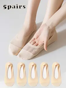 5 Pairs Women's Ice Silk Low Top Boat Socks, Summer Breathable Mesh Short Socks, Silicone Anti-Slip Invisible Socks, Comfortable and Soft