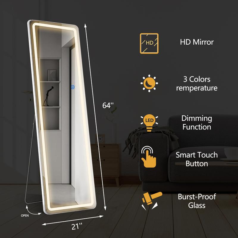 RIMIKING LED Full-Length Mirror, Touch Button Control, Dimmable Brightness, Color Temperature Options,Home Decor, Hd Glass,2164N