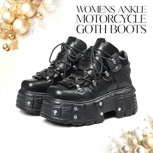 CYNLLIO Womens Ankle Boots Rounded Toe Platform Motorcycle Goth Boot Retro Punk Metal Rock Style Bootie Lace Up Comfy Outing Party Music Festival Motorcycle Ride Autumn Winter Chunky Shoes Spring Boots