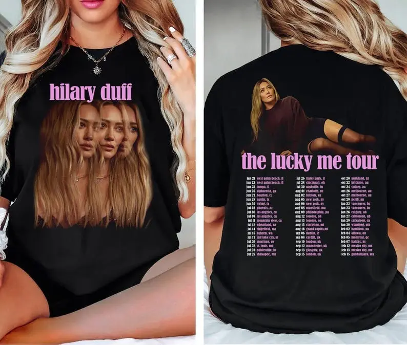 Hilary Duff Lucky Me Tour 2026 2 Sides Comfort Color T-Shirt for Women for Men Unisex Graphic Tee Streetwear Crewneck Casual Top Clothing Menswear Outfits .