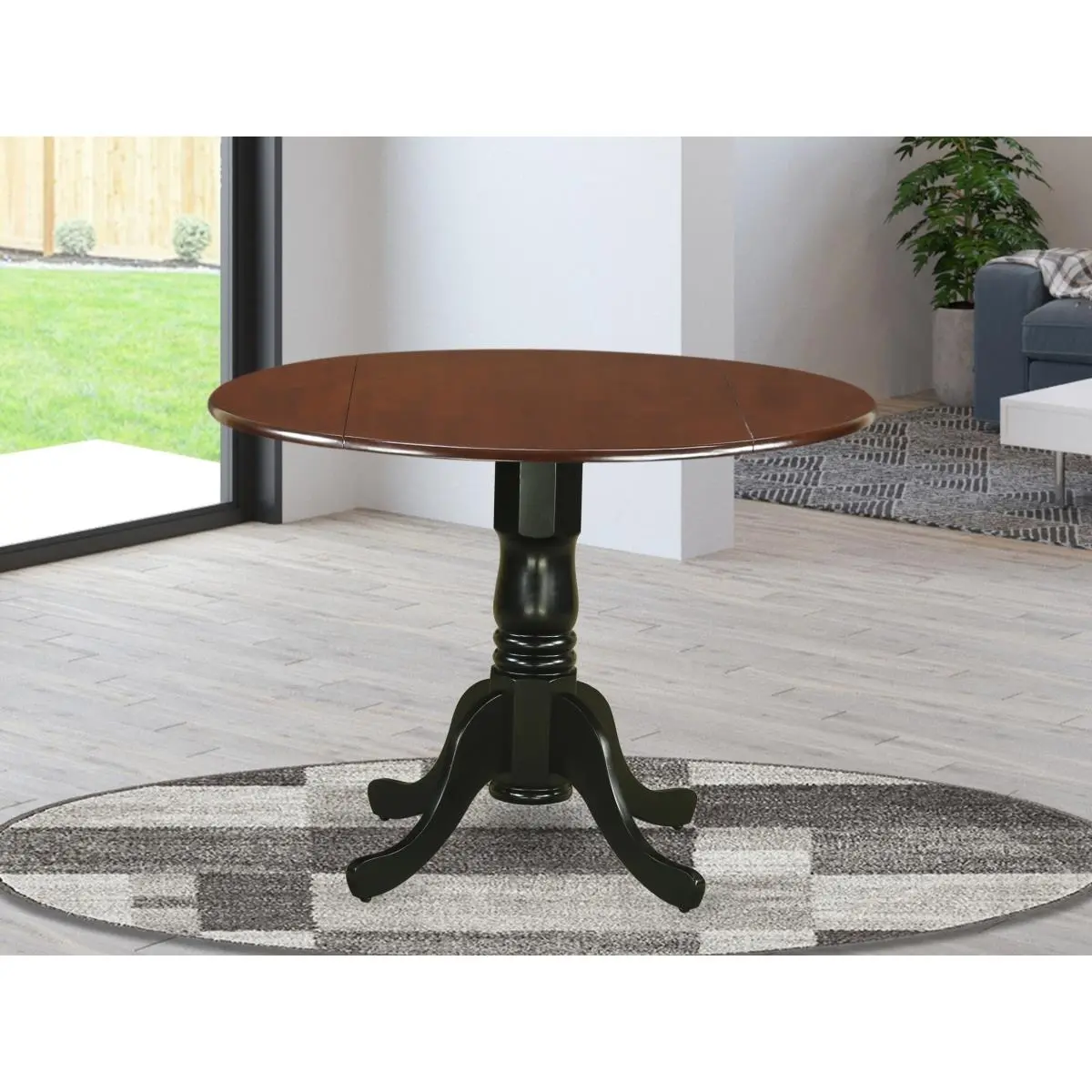East West Furniture Small Mahogany & Black Dublin Round Indoor Dining Table - Expandable Space Saving Table with 2 9-in. Drop Leaves for Kitchen, Expandable Dining Table