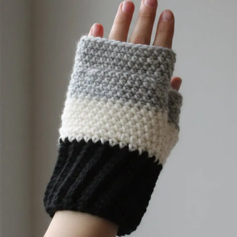 Crochet Fingerless Gloves, Handmade Warm Yarn Arm Warmers, 8.5-9" Long, Tech-Friendly for Everyday Wear, Commute, Gray/Cream, Clothes, Casual, Armwarmers