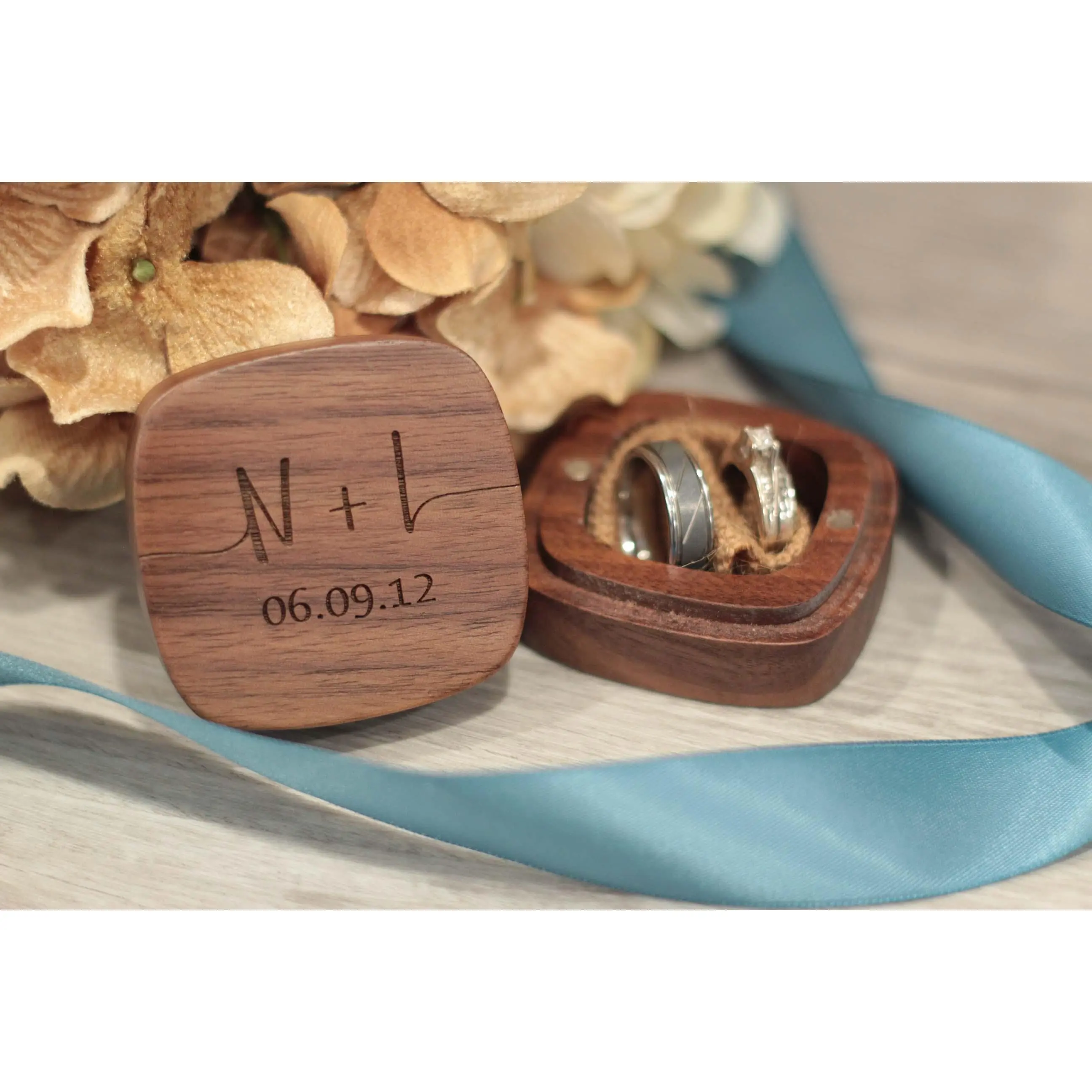 Initials and Date Wooden Ring Box with Magnetic Lid - Initials Design for Wedding Rings Organizer Insert - Walnut Wood Engraved Quad Organiser Insert