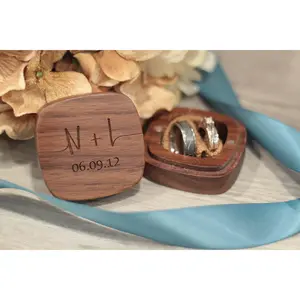 Initials and Date Wooden Ring Box with Magnetic Lid - Initials Design for Wedding Rings Organizer Insert - Walnut Wood Engraved Quad Organiser Insert