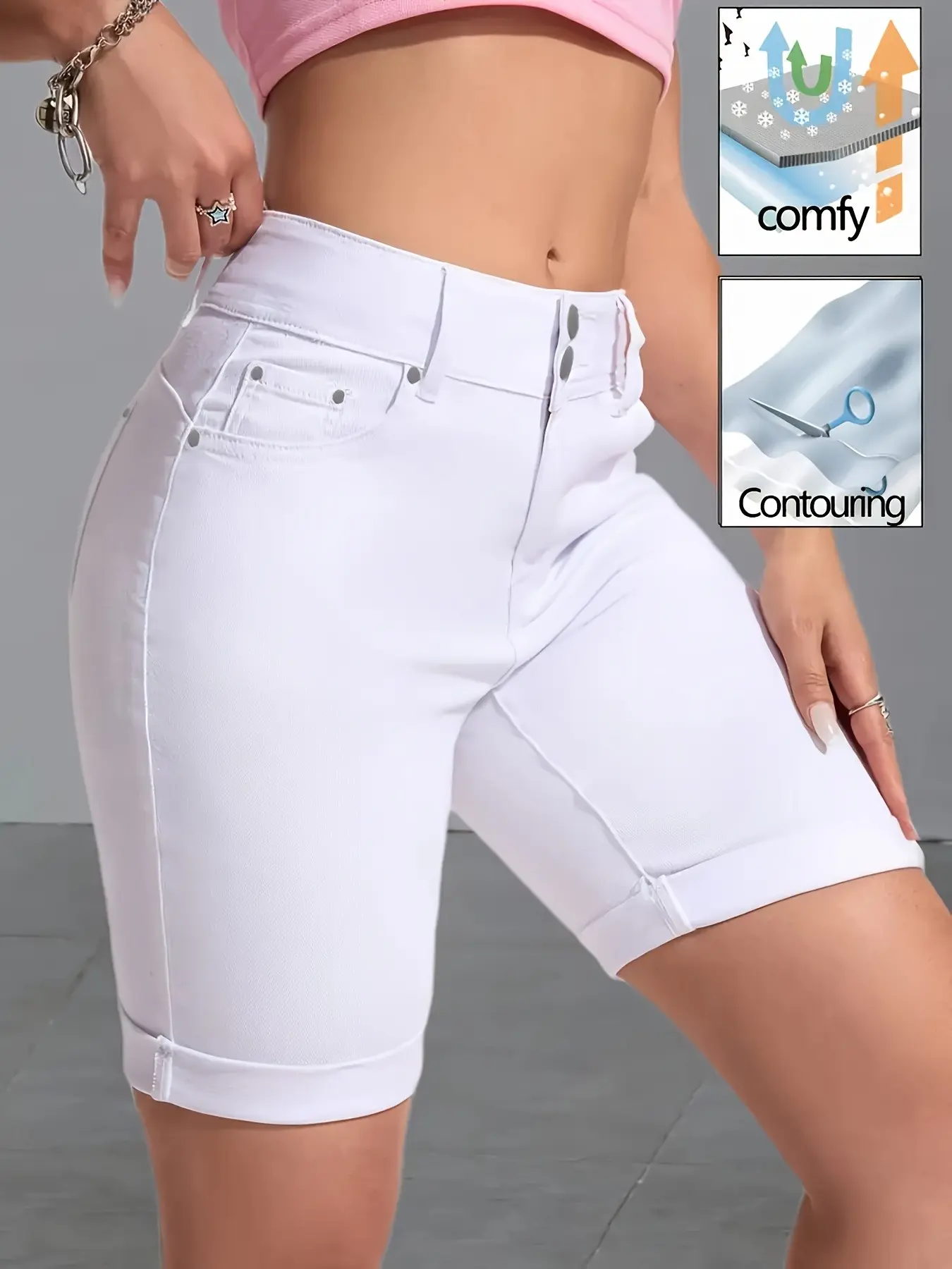 KCGH 26SS Spring Summer Plus Size Casual Skinny White Denim Capris Double Breasted Rivet Detail Rolled Hem Stretch Butt Lifting Slimming Shorts Button Denim Shorts best selling jorts Bodycon Shorts
