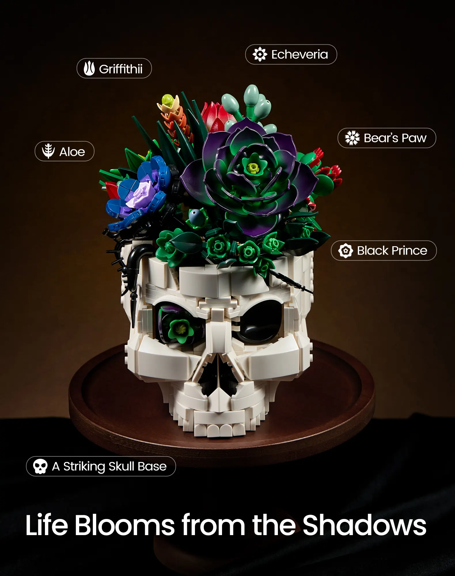 Supreowls Succulent Skull Flower Bouquet Building Set, Botanical