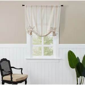 Kate Aurora Country Farmhouse Cotton Striped Tie Up Window Curtain - 63 in. Long - Taupe