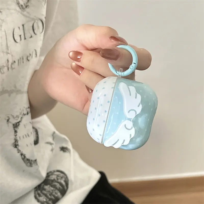 Airpods2/3/4/pro pro2 headphone headset earbud case Audio | Blue contrasting polka dots | Three dimensional wings | Round buckle | Best friend gift | for Airpods2 3 4 pro/pro2