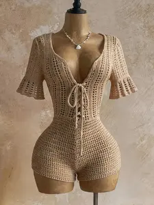 Sexy Crochet Knit Bohemian Romper Deep V Lace Up Adjustable Hollow Out Short Sleeve Bodycon Playsuit for Women Spring Summer Beach Vacation Clubwear