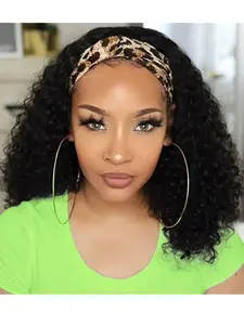 Headband Wig Human Hair Kinky Curly None Lace Front Wig Human Hair Machine Made Wigs Glueless Curly Hair Headband Half Wigs for Black Women Human Hair Natural Color Glueless Afro Kinky