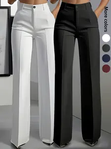 2-Pack Women's Elegant Plain Straight-Leg Pants, Zipper Fly, Pockets, All Seasons, Business Casual, Belt Compatible