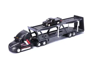 Mack Transporter Open Trailer w/ 1993 Chevrolet 454 SS Pickup – Black (Design Transporters) Diecast 1:64 Scale Model - Maisto 11454BK