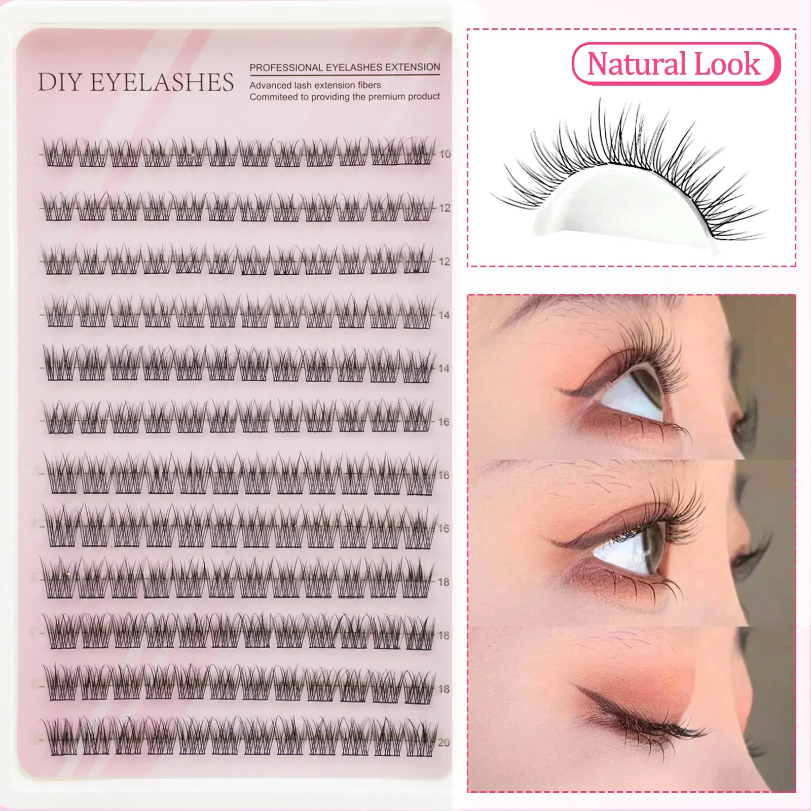 Natural Lash Clusters, C-shaped Curly Lashes, Cluster False Eyelashes, DIY eyelash extension set, 10-20mm, suitable for all eye types, soft and comfortable, daily stage makeup, reusable