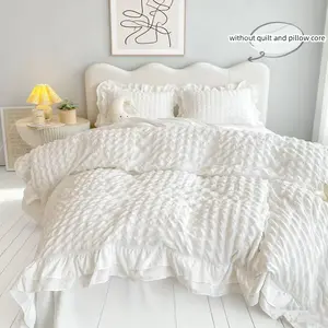 3pcs Korean Style white seersucker Duvet Cover Set, Soft Bedding Set, Textured Bedding Set, 1Pc Duvet cover+2Pcs Pillowcases（without comforter and pillow insert)）100% Polyester, Single Twin Double Queen Size, All Seasons